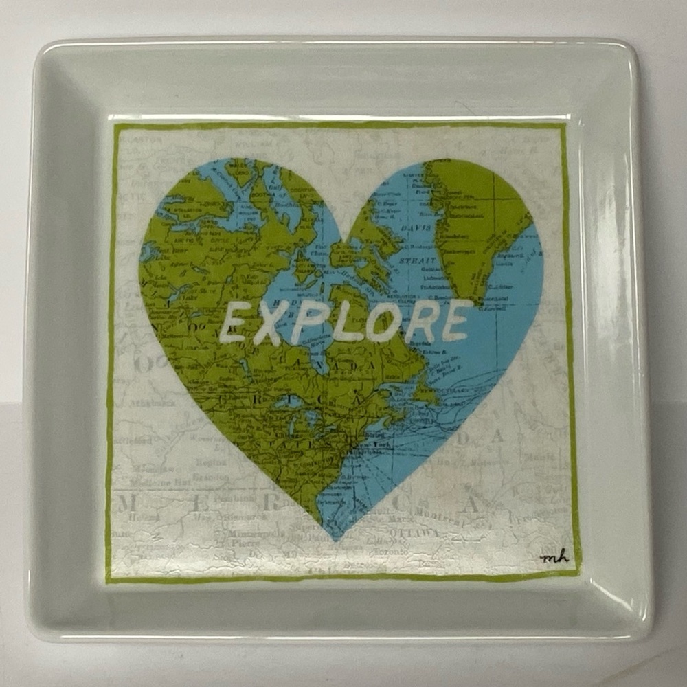 Travel Trinket Dish Prima Design Square Plate Earth World Heart Love Ceramic EUC